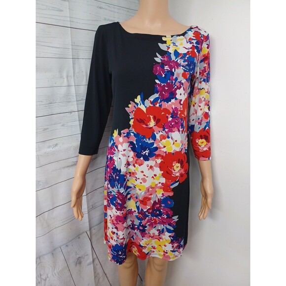 Maggy L Womens Dress Black Pink Floral Long Sleeve Sheath Tunic Sz 4 - Picture 1 of 8